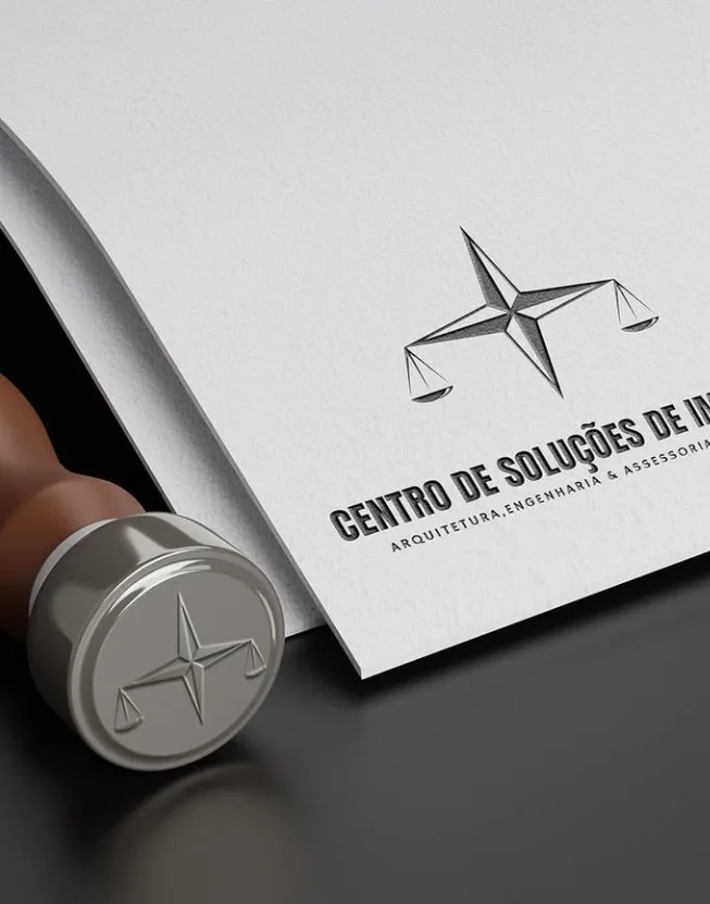 Papel timbrado com a marca em relevo ao lado do carimbo metálico da empresa.